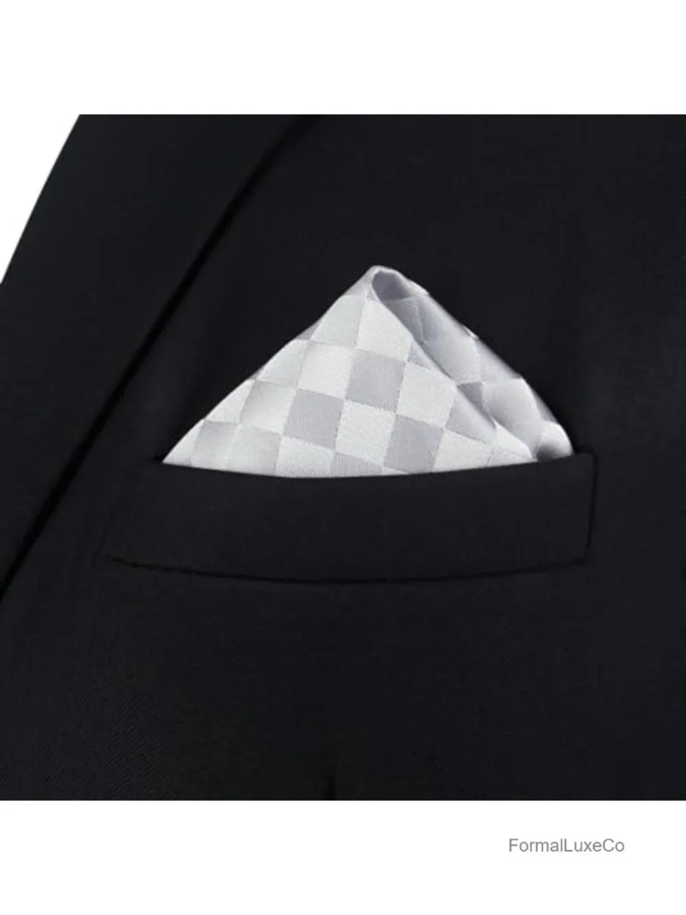 Men's Satin Pocket Square Light Grey Silver Off White Checkered Rhombic